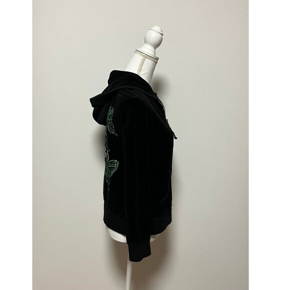 BCBG Maxazria Black Velour Hoodie With Green Butterflies, Size Large, Full Zip - Picture 5 of 13